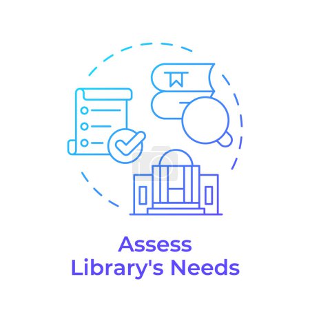 Beurteilen Sie die Bedürfnisse der Bibliothek blaues Gradienten-Konzept Symbol. Buchhaltung, Serviceverbesserung. Abbildung der runden Formlinie. Abstrakte Idee. Grafikdesign. Einfach zu bedienen in Infografik, Blog-Post