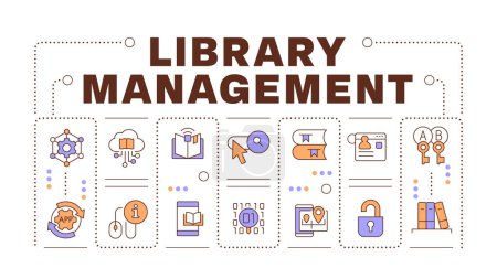 Library management word concept isolated on white. Resource management. Information security measures. Creative illustration banner surrounded by editable line colorful icons. Hubot Sans font used