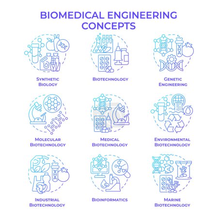 Biomedizintechnisches blaues Gradienten-Konzept Symbole. Biotech-Felder. Akademische Disziplinen. Symbolpack. Vektorbilder. Illustrationen in runder Form. Abstrakte Idee. Einfach in der Präsentation zu bedienen