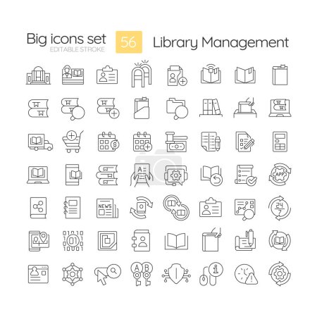 Library management linear icons set. Book circulation, membership management. Security measures. Customizable thin line symbols. Isolated vector outline illustrations. Editable stroke