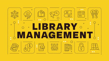 Library management yellow word concept. Security measures, access cards. Books and materials managing. Horizontal vector image. Headline text surrounded by editable outline icons. Hubot Sans font used