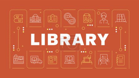 Library red word concept. Managing systems, workflow organization. Access cards, security. Horizontal vector image. Headline text surrounded by editable outline icons. Hubot Sans font used