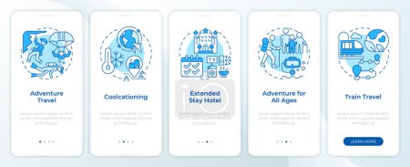 Trends in traveling blue onboarding mobile app screen. Walkthrough 5 steps editable graphic instructions with linear concepts. UI, UX, GUI template. Montserrat SemiBold, Regular fonts used