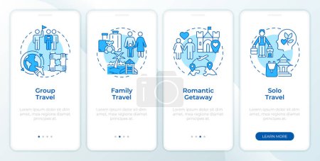 Reisetypen blau auf dem Bildschirm der mobilen App. Reisebüro-Rundgang durch 4 Schritte editierbare grafische Anweisungen mit linearen Konzepten. UI, UX, GUI-Vorlage. Montserrat SemiBold, Regelmäßige Schriften verwendet
