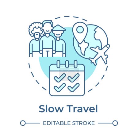 Illustration for Slow travel soft blue concept icon. Trend in travelling. Local hospitality. Cultural immersion. Round shape line illustration. Abstract idea. Graphic design. Easy to use in blog post - Royalty Free Image