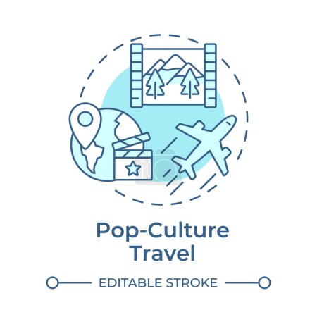 Pop-culture travel soft blue concept icon. Tourism trend. Movie set locations. Famous landmarks. Round shape line illustration. Abstract idea. Graphic design. Easy to use in blog post