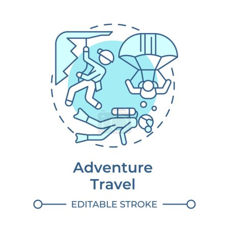 Illustration for Adventure travel soft blue concept icon. Trend in travelling. Extreme sports. Seeking new experience. Round shape line illustration. Abstract idea. Graphic design. Easy to use in blog post - Royalty Free Image