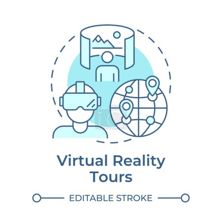 Virtual-Reality-Touren weiches blaues Konzept Symbol. Technologische Integration auf Reisen. VR-Erfahrung. Abbildung der runden Formlinie. Abstrakte Idee. Grafikdesign. Einfach zu bedienen in Blog-Post