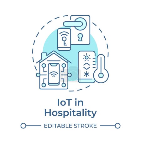 IoT en la hospitalidad icono concepto azul suave. Hotel inteligente. Integración tecnológica en viajes. Ilustración de línea de forma redonda. Una idea abstracta. Diseño gráfico. Fácil de usar en la entrada del blog