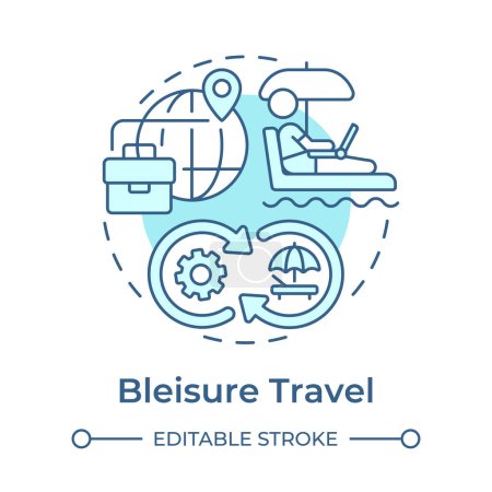 Bleisure travel soft blue concept icon. Business trip and leisure activity. Digital nomad. Niche tourism. Round shape line illustration. Abstract idea. Graphic design. Easy to use in blog post
