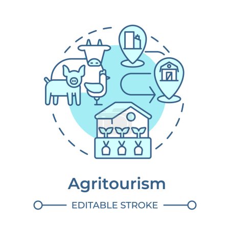 Agritourism soft blue concept icon. Niche tourism. Rural tourism. Farm activities. Animal husbandry. Round shape line illustration. Abstract idea. Graphic design. Easy to use in blog post
