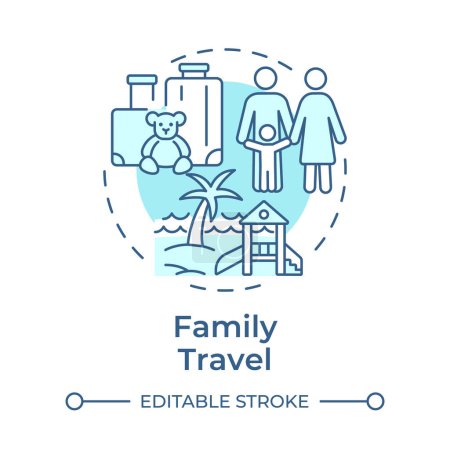 Family travel soft blue concept icon. Travelling with children. Beach vacation. Leisure trip. Round shape line illustration. Abstract idea. Graphic design. Easy to use in application