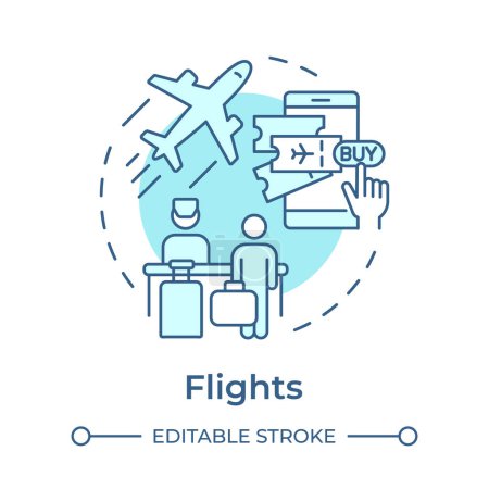 Flights soft blue concept icon. Travel service. Online booking. Buy tickets. Flight reservation. Round shape line illustration. Abstract idea. Graphic design. Easy to use in application