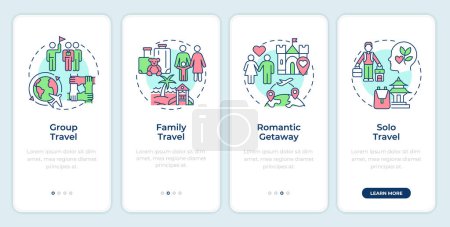 Travel types onboarding mobile app screen. Travel agency walkthrough 4 steps editable graphic instructions with linear concepts. UI, UX, GUI template. Montserrat SemiBold, Regular fonts used