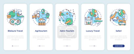 Niche tourism onboarding mobile app screen. Travel trends walkthrough 5 steps editable graphic instructions with linear concepts. UI, UX, GUI template. Montserrat SemiBold, Regular fonts used
