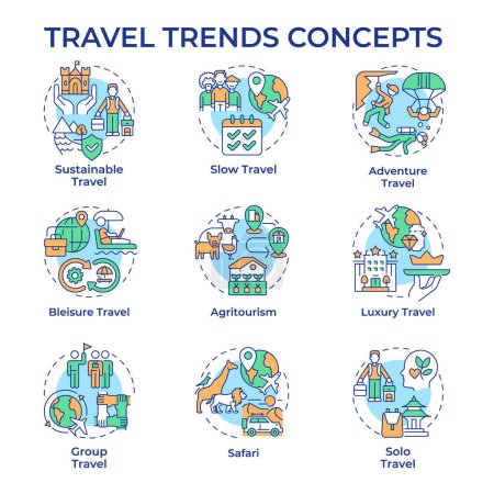 Illustration for Travel trends multi color concept icons. Travel and hospitality industry. Mindful travel. Global tourism. Trip planning. Icon pack. Vector images. Round shape illustrations. Abstract idea - Royalty Free Image