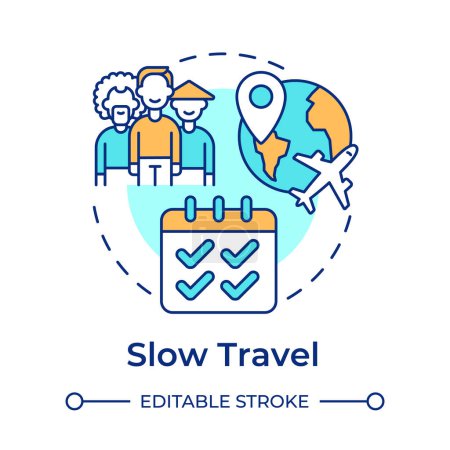 Slow travel multi color concept icon. Trend in travelling. Local hospitality. Cultural immersion. Round shape line illustration. Abstract idea. Graphic design. Easy to use in blog post