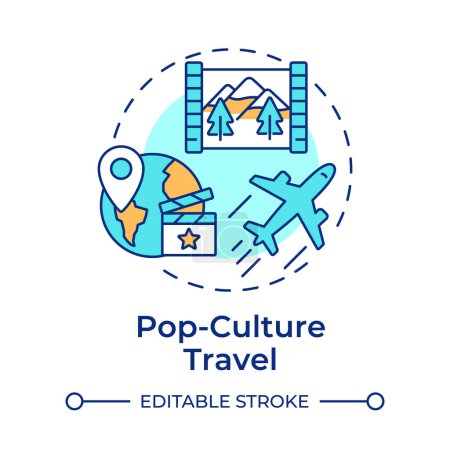 Illustration for Pop-culture travel multi color concept icon. Tourism trend. Movie set locations. Famous landmarks. Round shape line illustration. Abstract idea. Graphic design. Easy to use in blog post - Royalty Free Image