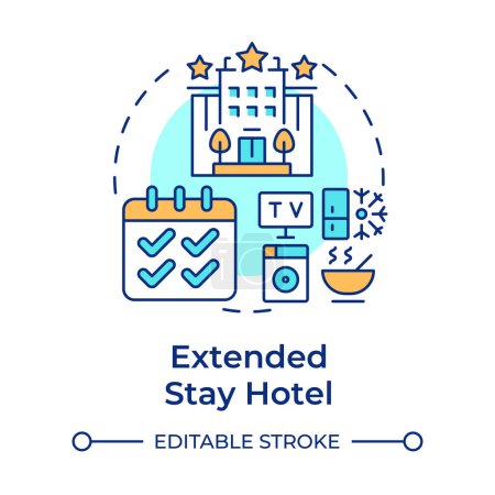 Extended stay hotel multi color concept icon. Langfristige Unterbringung. Reisetrend. Hotelbuchung. Abbildung der runden Formlinie. Abstrakte Idee. Grafikdesign. Einfach zu bedienen in Blog-Post