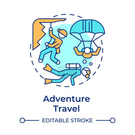 Adventure travel multi color concept icon. Trend in travelling. Extreme sports. Seeking new experience. Round shape line illustration. Abstract idea. Graphic design. Easy to use in blog post
