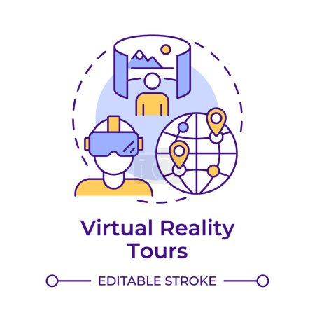 Virtual-Reality-Touren Multi-Color-Konzept Symbol. Technologische Integration auf Reisen. VR-Erfahrung. Abbildung der runden Formlinie. Abstrakte Idee. Grafikdesign. Einfach zu bedienen in Blog-Post