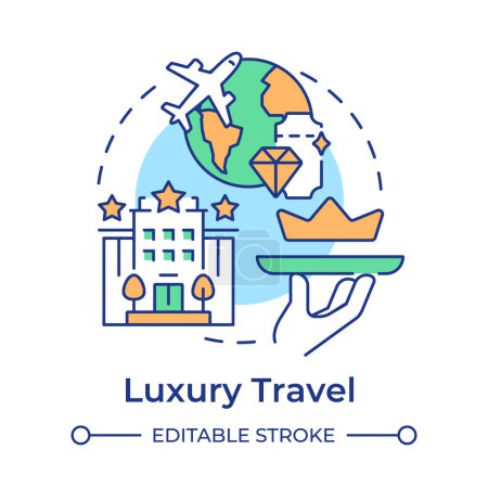 Luxury travel multi color concept icon. Exclusive trip. First class plane. VIP travel. Niche tourism. Round shape line illustration. Abstract idea. Graphic design. Easy to use in blog post