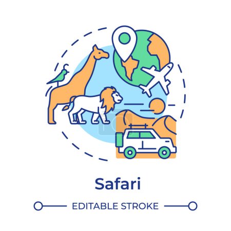 Safari multi color concept icon. Wildlife tourism. Adventure travel to savanna. Wild animals observation. Round shape line illustration. Abstract idea. Graphic design. Easy to use in blog post