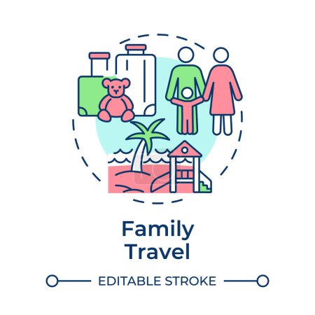 Familia viaje multi color concepto icono. Viajar con niños. Vacaciones en playa. Viaje de ocio. Ilustración de línea de forma redonda. Una idea abstracta. Diseño gráfico. Fácil de usar en aplicación