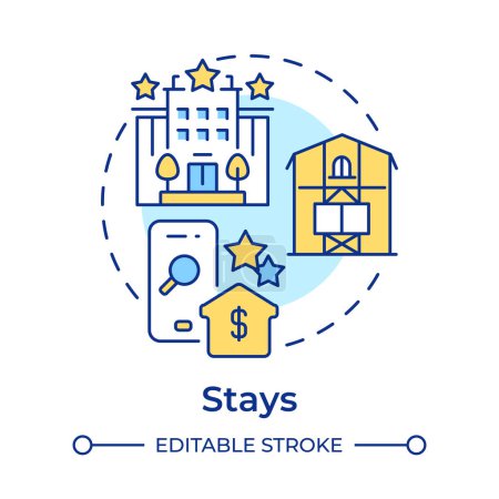 Stays multi color concept icon. Travel service. Online booking. Vacation rentals. Hospitality service. Round shape line illustration. Abstract idea. Graphic design. Easy to use in application