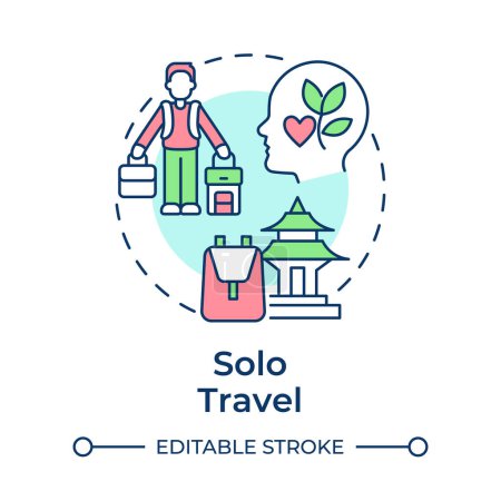 Solo travel multi color concept icon. Self-discovery and introspection. Single traveler. Tourism trend. Round shape line illustration. Abstract idea. Graphic design. Easy to use in blog post