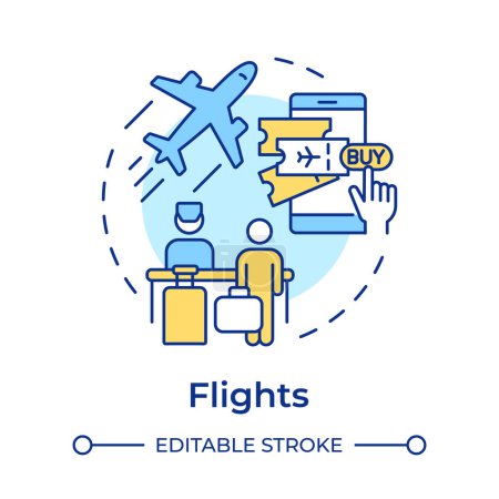 Flights multi color concept icon. Travel service. Online booking. Buy tickets. Flight reservation. Round shape line illustration. Abstract idea. Graphic design. Easy to use in application