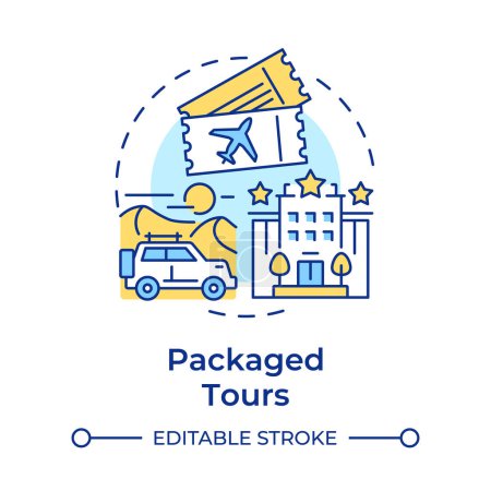 Packaged tours multi color concept icon. Travel service. Guided and organized tour. Adventure trip. Hotel stay. Round shape line illustration. Abstract idea. Graphic design. Easy to use in application