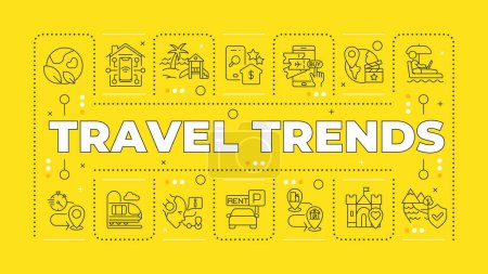 Travel trends yellow word concept. Tourism and hospitality industry. Technology integration. Horizontal vector image. Headline text surrounded by editable outline icons. Hubot Sans font used