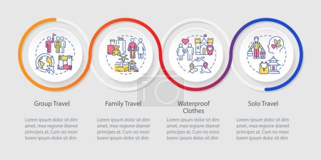 Travel types loop infographic template. Travel agency services. Data visualization with 4 steps. Editable timeline info chart. Workflow layout with line icons. Myriad Pro-Regular font used
