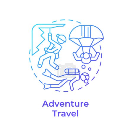 Adventure travel blue gradient concept icon. Trend zum Reisen. Extremsport. Auf der Suche nach neuen Erfahrungen. Abbildung der runden Formlinie. Abstrakte Idee. Grafikdesign. Einfach zu bedienen in Blog-Post