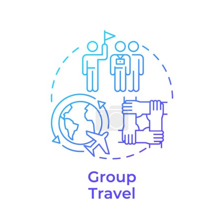 Grupo viaje azul gradiente icono de concepto. Visita guiada. Viaje global con compañeros. Globetputting. Ilustración de línea de forma redonda. Una idea abstracta. Diseño gráfico. Fácil de usar en aplicación