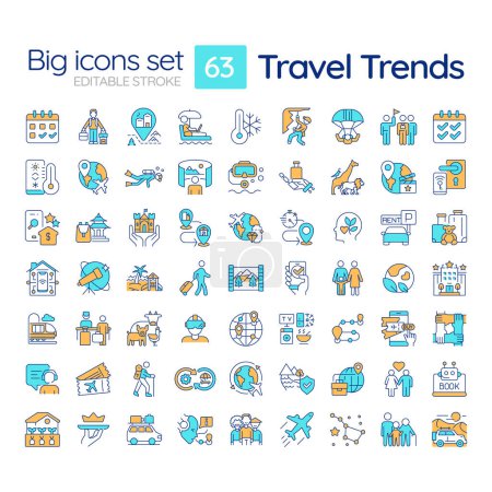 Illustration for Travel trends RGB color icons set. Global travel. Responsible tourism, Technology integration. Travel activities. Isolated vector illustrations. Simple filled line drawings collection. Editable stroke - Royalty Free Image