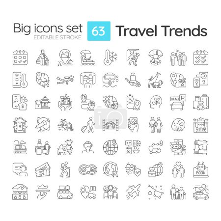 Travel trends linear icons set. Global travel. Responsible tourism, Technology integration. Travel activities. Customizable thin line symbols. Isolated vector outline illustrations. Editable stroke