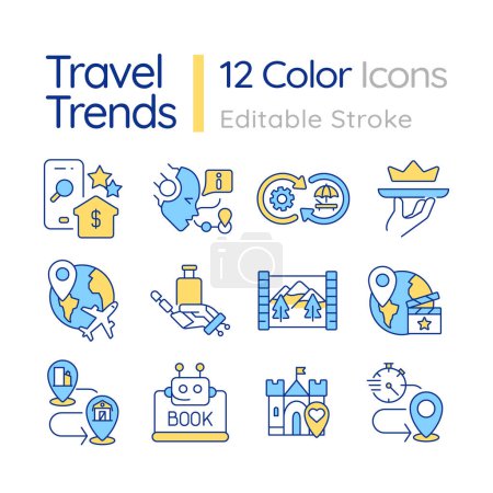 Travel tendencies RGB color icons set. AI travel assistance. Online booking. Eco-friendly tourism. Travel app. Isolated vector illustrations. Simple filled line drawings collection. Editable stroke
