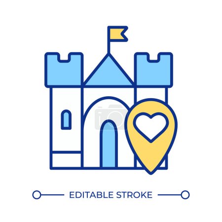 Tourist attraction RGB color icon. Location pin with heart and castle. Romantic location. Historical interest. Isolated vector illustration. Simple filled line drawing. Editable stroke