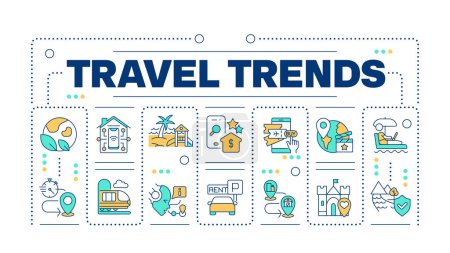Travel trends word concept isolated on white. Tourism and hospitality industry. Technology integration. Creative illustration banner surrounded by editable line colorful icons. Hubot Sans font used