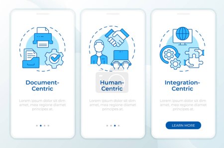 Illustration for Centric BPM systems blue onboarding mobile app screen. Walkthrough 5 steps editable graphic instructions with linear concepts. UI, UX, GUI template. Montserrat SemiBold, Regular fonts used - Royalty Free Image