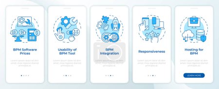 Illustration for Selecting BPM tool aspects blue onboarding mobile app screen. Walkthrough 3 steps editable graphic instructions with linear concepts. UI, UX, GUI template. Montserrat SemiBold, Regular fonts used - Royalty Free Image