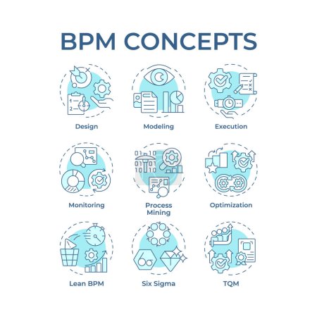 BPM weiche blaue Konzept-Symbole. Workflow-Management, betriebliche Effizienz. Lean management. Symbolpack. Vektorbilder. Illustrationen in runder Form für Artikel, Infografik. Abstrakte Idee