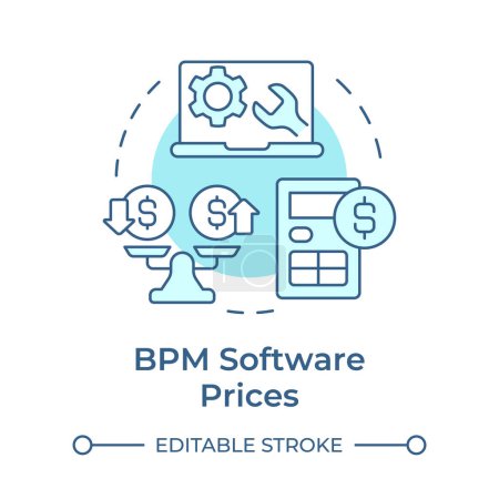 BPM Software preist ein weiches blaues Konzept-Symbol. Berechnung der Dienstleistungskosten. Workflow-Optimierung. Abbildung der runden Formlinie. Abstrakte Idee. Grafikdesign. Einfach zu bedienen in Infografik, Artikel