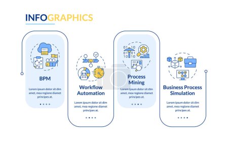 Illustration for Business process simulation rectangle infographic template. Data visualization with 4 steps. Editable timeline info chart. Workflow layout with line icons. Lato-Bold, Regular fonts used - Royalty Free Image