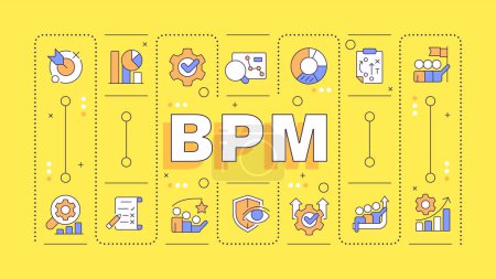 Illustration for BPM yellow word concept. Business processes management. Workflow automation, data processing. Typography banner. Vector illustration with title text, editable icons color. Hubot Sans font used - Royalty Free Image