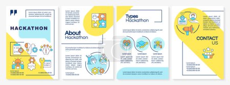 Hackathon blue and yellow brochure template. Tech event organization. Leaflet design with linear icons. Editable 4 vector layouts for presentation, annual reports. Questrial, Lato-Regular fonts used