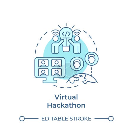 Virtual hackathon soft blue concept icon. Remote teamwork. Virtual meeting. Creative solutions. Round shape line illustration. Abstract idea. Graphic design. Easy to use in promotional materials