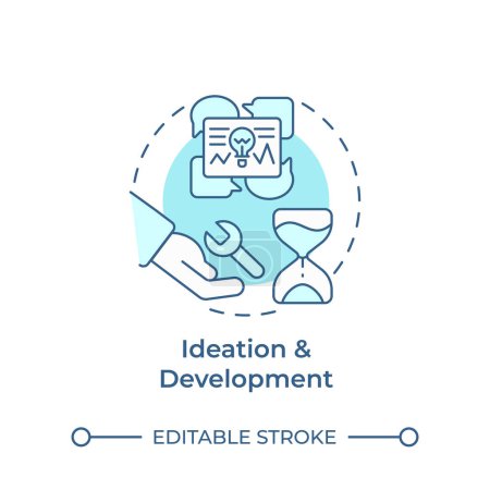 Ideation and development soft blue concept icon. Hackathon process. Brainstorming. Project design. Round shape line illustration. Abstract idea. Graphic design. Easy to use in promotional materials
